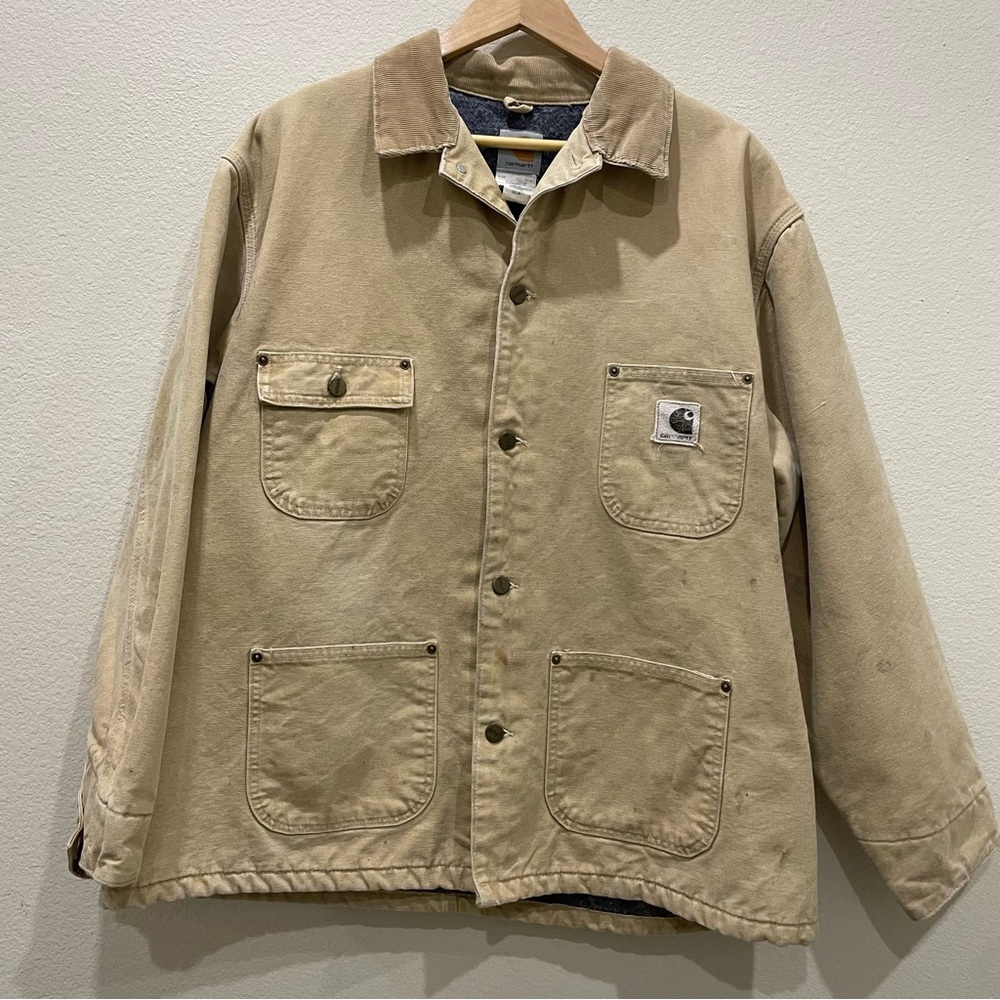 Vintage Carhartt C02 Duck Chore Coat Blanket Lined Made USA Distressed XL
